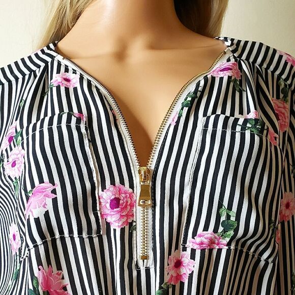 Justify Striped Floral Rose Pattern Long-Sleeve Tunic - Picture 12 of 12